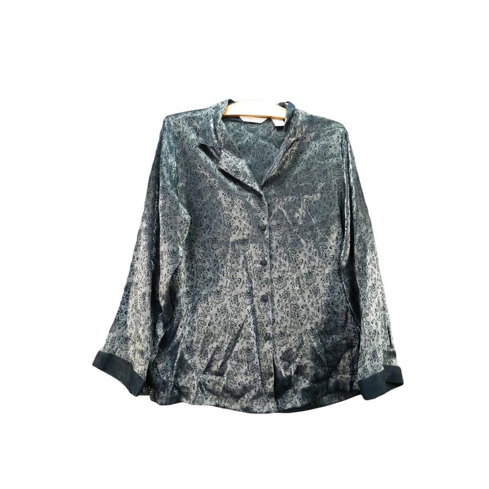 Private Luxuries Womens Button Up Sleep Shirt Top Size L Blue/Black Floral Shiny